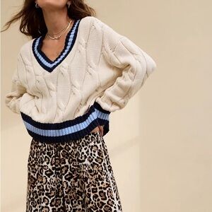 NWT Cream Cable Knit V-Neck Sweater with Blue Stripe Trim